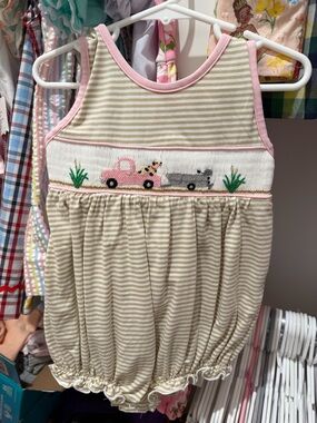 Striped Beige & Pink Smocked Baby One-Piece Bodysuit